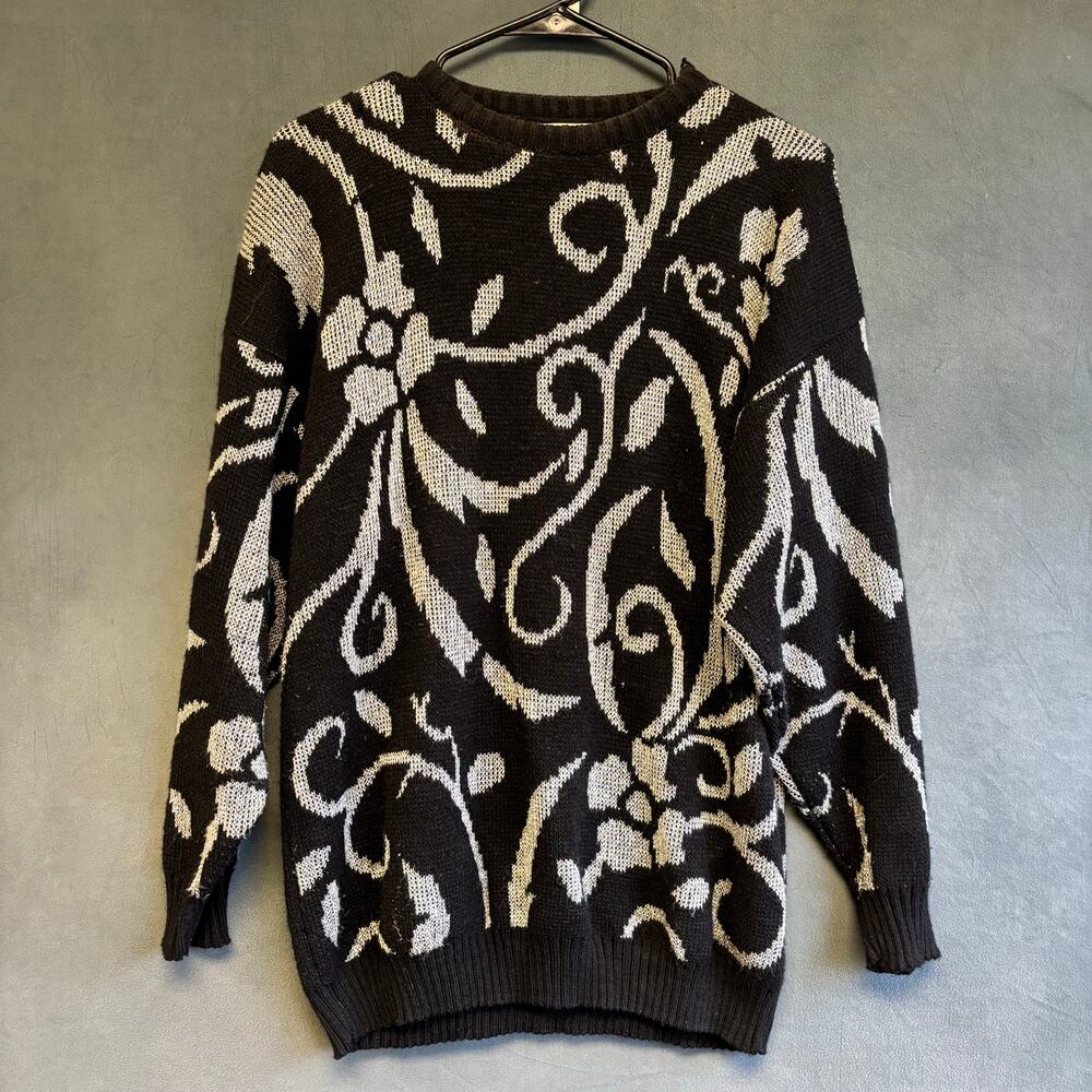 Vintage Ellen-D Collection Sweater Large Black White Floral 80s 90s USA